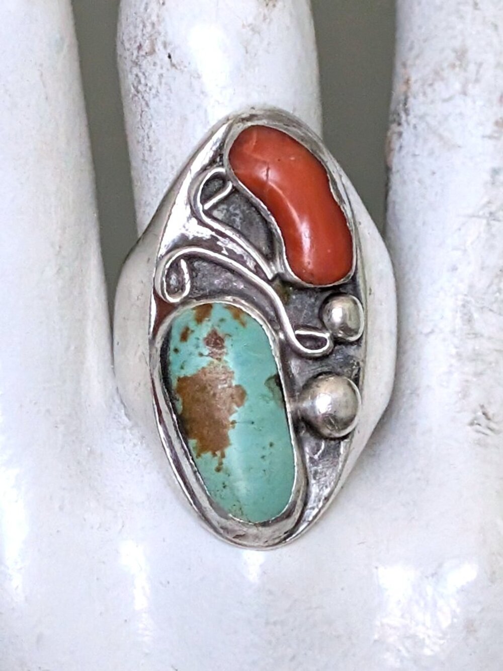 Vintage HUGE Navajo Old Pawn Sterling Silver Turquoise & Coral Men's Ring 23.48g
